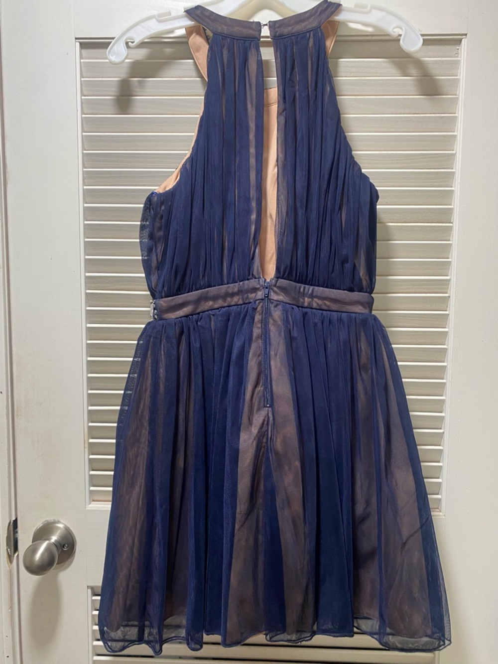 Juniors Way-In Navy Blue Embellished Halter Tulle Dress - Picture 5 of 16